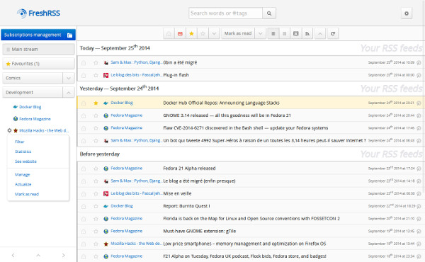 The clear interface of FreshRSS